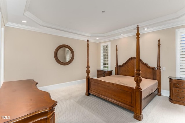 166 Bonica Creek Dr, Garner, NC 27529 - bedroom featuring a raised ceiling, light carpet, ornamental molding, recessed lighting, and baseboards