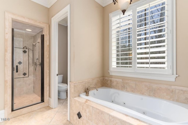 166 Bonica Creek Dr, Garner, NC 27529 - full bathroom with toilet, a jetted tub, a shower stall, and tile patterned floors