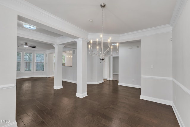 10511 Sablewood Dr Unit 107, Raleigh, NC 27617 - unfurnished dining area with a chandelier, dark wood-type flooring, crown molding, a ceiling fan, and decorative columns