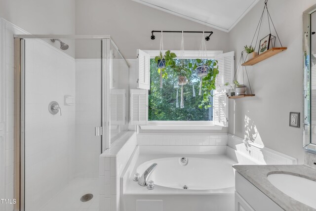 1905 Indianwood Ct, Raleigh, NC 27604 - full bath with a shower stall, a bath, ornamental molding, vanity, and lofted ceiling