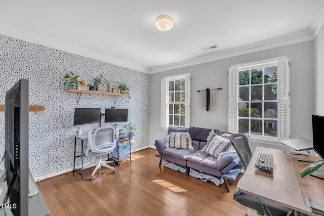 1905 Indianwood Ct, Raleigh, NC 27604 - office space with crown molding, wallpapered walls, wood finished floors, an accent wall, and baseboards