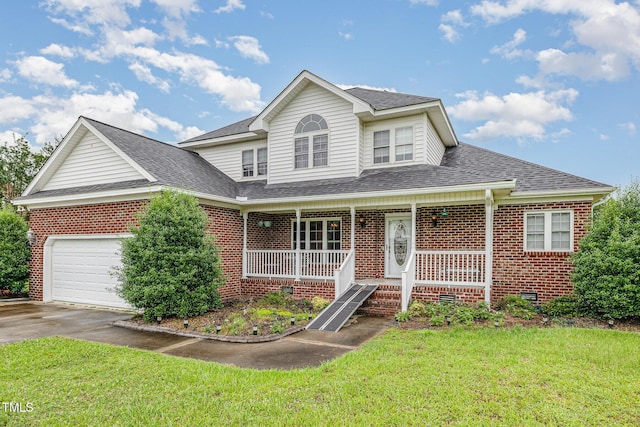 110 Windyfield Dr, Goldsboro, NC 27530 - view of front facade featuring covered porch, brick siding, an attached garage, a shingled roof, and a front lawn