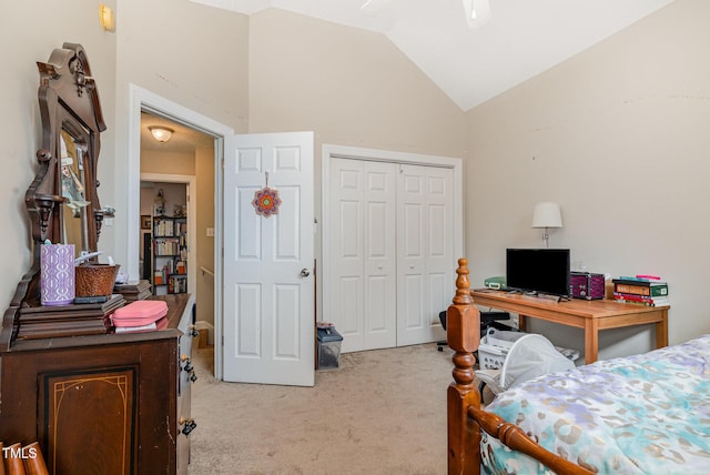 110 Windyfield Dr, Goldsboro, NC 27530 - bedroom with light carpet, a closet, ceiling fan, and high vaulted ceiling