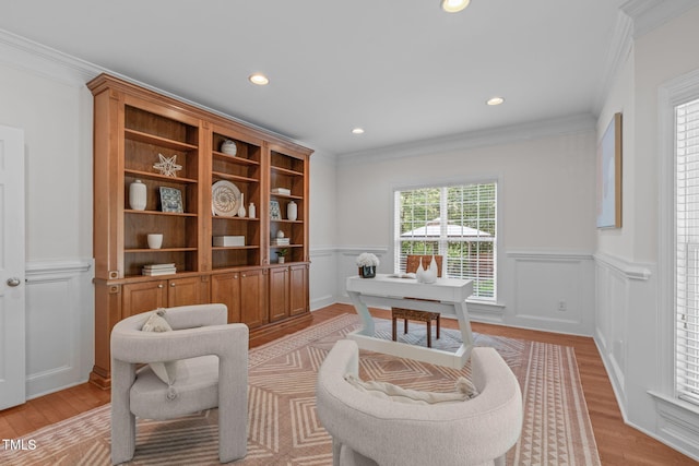 101 Quarryrock Rd, Holly Springs, NC 27540 - office area featuring a wainscoted wall, crown molding, light wood-type flooring, and recessed lighting