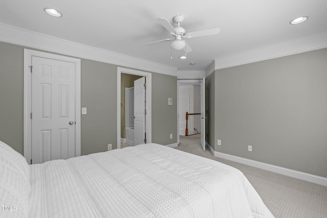 101 Quarryrock Rd, Holly Springs, NC 27540 - bedroom with light colored carpet, baseboards, recessed lighting, ornamental molding, and a ceiling fan