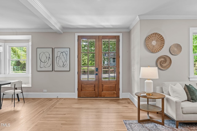 2100 Summit St, Durham, NC 27707 - entryway with light wood-type flooring, crown molding, french doors, baseboards, and beamed ceiling