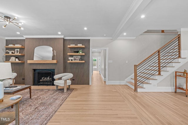 2100 Summit St, Durham, NC 27707 - living room featuring ornamental molding, light wood-style floors, stairway, recessed lighting, and baseboards