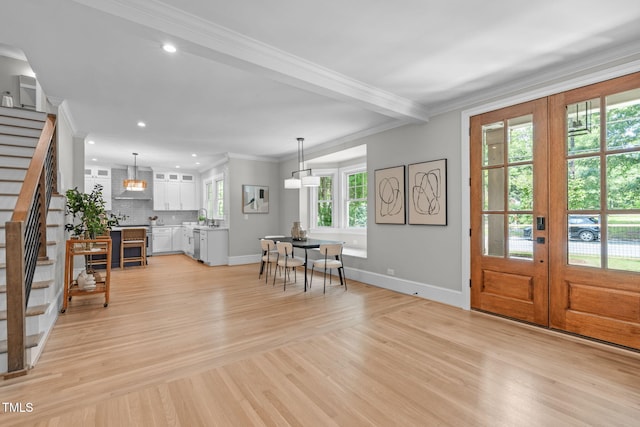 2100 Summit St, Durham, NC 27707 - entryway featuring stairs, french doors, recessed lighting, light wood-style floors, and baseboards