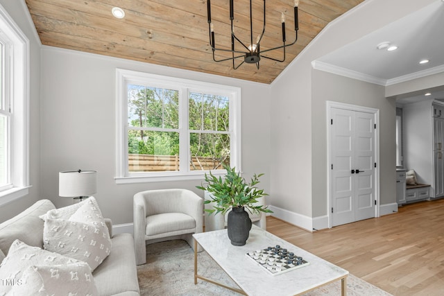 2100 Summit St, Durham, NC 27707 - living area featuring wood ceiling, ornamental molding, a chandelier, baseboards, and recessed lighting