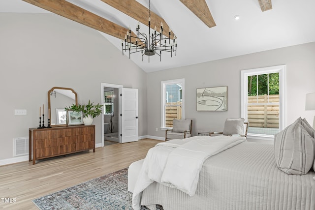 2100 Summit St, Durham, NC 27707 - bedroom featuring a chandelier, beam ceiling, light wood-style flooring, baseboards, and high vaulted ceiling