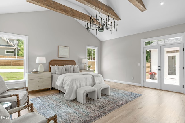 2100 Summit St, Durham, NC 27707 - bedroom with access to exterior, beamed ceiling, a chandelier, high vaulted ceiling, and french doors