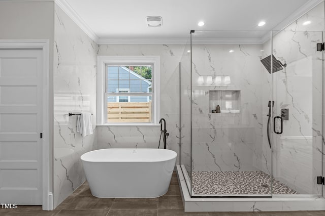 2100 Summit St, Durham, NC 27707 - full bath featuring a freestanding tub, ornamental molding, and a marble finish shower