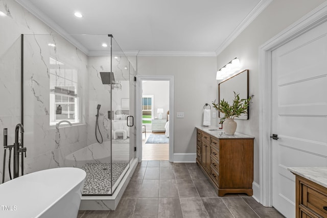 2100 Summit St, Durham, NC 27707 - bathroom with vanity, a marble finish shower, a soaking tub, ornamental molding, and baseboards