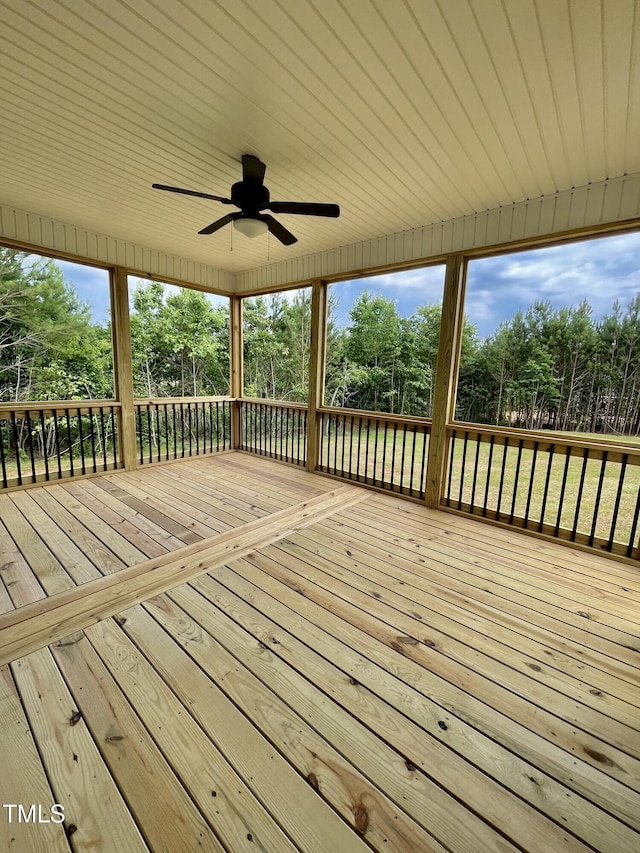 6786 Fire Tower Rd, Bailey, NC 27807 - deck featuring a ceiling fan and view of scattered trees