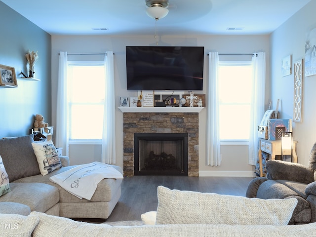 1419 New Daniels Chapel Rd, Fremont, NC 27830 - living room featuring healthy amount of natural light, wood finished floors, and a stone fireplace