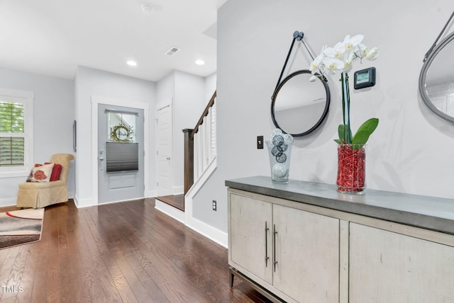 1448 Big Falls Dr, Wendell, NC 27591 - foyer featuring stairway, dark wood-style floors, baseboards, and recessed lighting