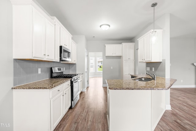 44 Good Morning Ln, Garner, NC 27529 - kitchen with stainless steel appliances, wood finished floors, a peninsula, and a sink