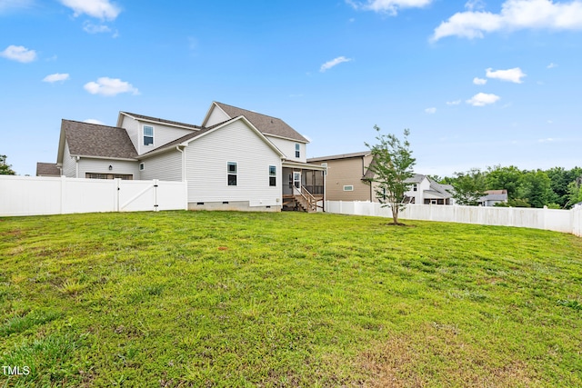 44 Good Morning Ln, Garner, NC 27529 - rear view of property with crawl space, a sunroom, a gate, and a shingled roof