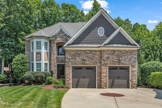 104 Bellagio Dr, Apex, NC 27539 - view of front of home featuring a standing seam roof, stone siding, driveway, a front yard, and an attached garage