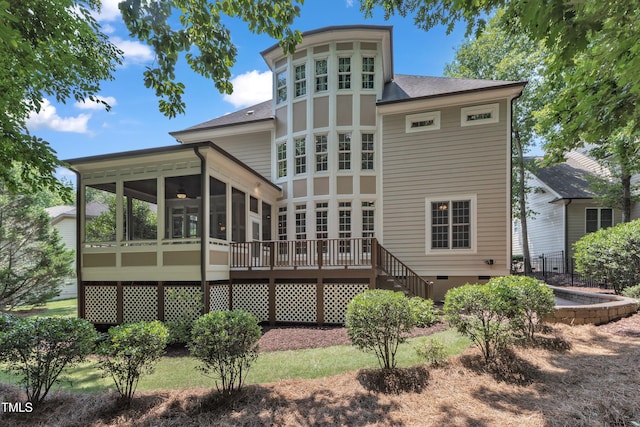 104 Bellagio Dr, Apex, NC 27539 - back of house featuring a sunroom, roof with shingles, crawl space, and a deck