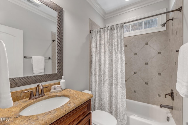 104 Bellagio Dr, Apex, NC 27539 - full bath with shower / bath combo with shower curtain, toilet, vanity, and ornamental molding