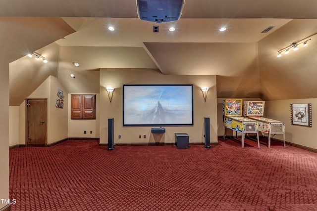 104 Bellagio Dr, Apex, NC 27539 - cinema with vaulted ceiling, carpet floors, baseboards, and recessed lighting
