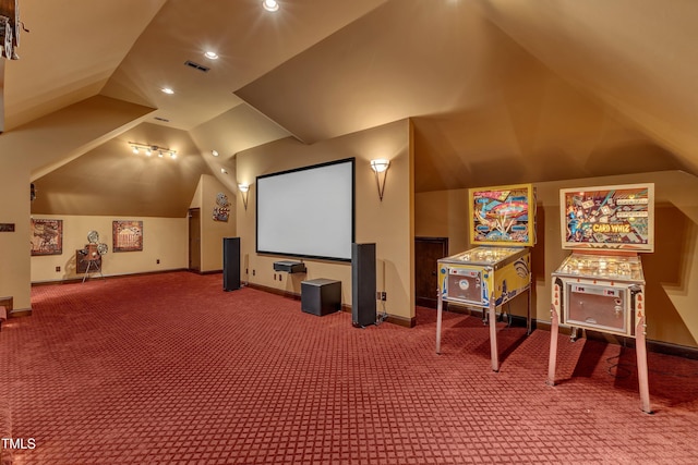 104 Bellagio Dr, Apex, NC 27539 - cinema with lofted ceiling, carpet flooring, baseboards, and recessed lighting