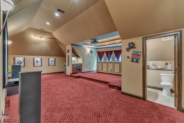 104 Bellagio Dr, Apex, NC 27539 - cinema featuring carpet flooring, baseboards, and lofted ceiling