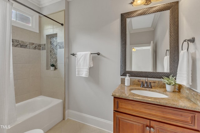 104 Bellagio Dr, Apex, NC 27539 - bathroom with crown molding, tile patterned floors, vanity, shower / bath combo, and baseboards