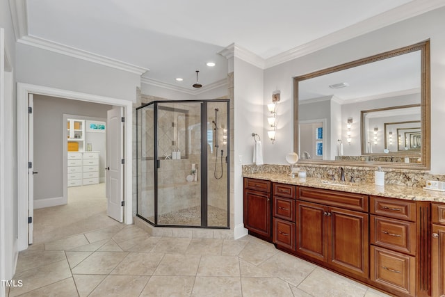 104 Bellagio Dr, Apex, NC 27539 - full bath featuring vanity, a stall shower, crown molding, baseboards, and recessed lighting