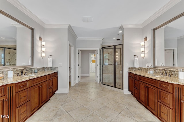 104 Bellagio Dr, Apex, NC 27539 - full bathroom with a stall shower, two vanities, decorative backsplash, ornamental molding, and recessed lighting