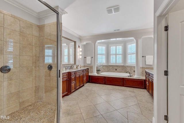 104 Bellagio Dr, Apex, NC 27539 - full bath with ornate columns, vanity, a shower stall, a bath, and ornamental molding