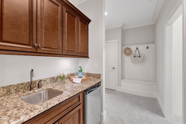 104 Bellagio Dr, Apex, NC 27539 - kitchen with a sink, dishwasher, light colored carpet, light stone counters, and crown molding