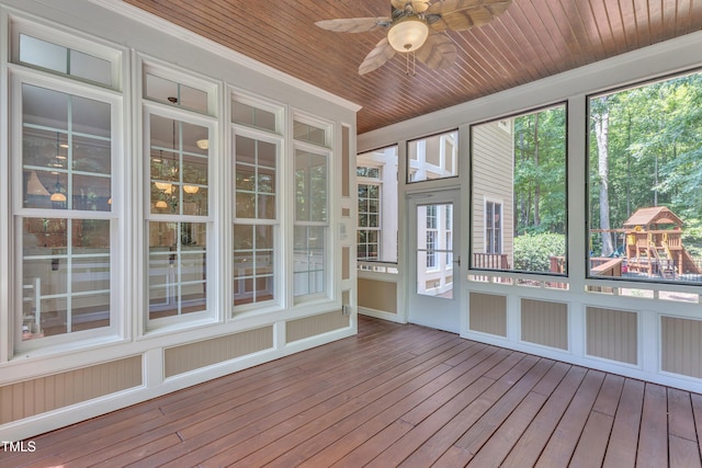 104 Bellagio Dr, Apex, NC 27539 - unfurnished sunroom featuring ceiling fan, wood-type flooring, and wood ceiling