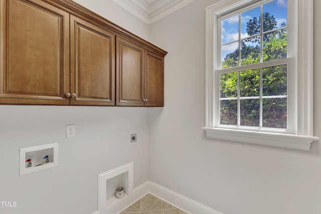 104 Bellagio Dr, Apex, NC 27539 - washroom featuring cabinet space, electric dryer hookup, crown molding, washer hookup, and baseboards