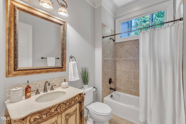 104 Bellagio Dr, Apex, NC 27539 - full bath featuring toilet, shower / bath combination with curtain, vanity, backsplash, and ornamental molding