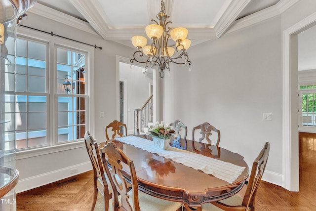 104 Bellagio Dr, Apex, NC 27539 - dining room featuring a chandelier, ornamental molding, baseboards, and stairs