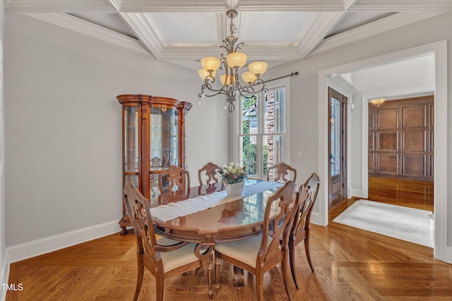 104 Bellagio Dr, Apex, NC 27539 - dining area featuring a chandelier, coffered ceiling, baseboards, ornamental molding, and beam ceiling