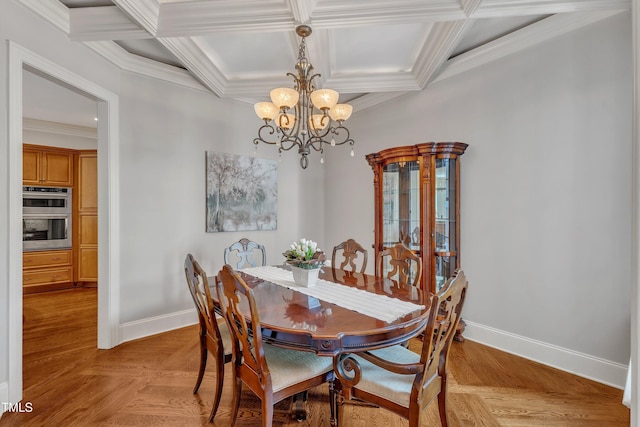 104 Bellagio Dr, Apex, NC 27539 - dining room featuring baseboards, a chandelier, ornamental molding, coffered ceiling, and beamed ceiling