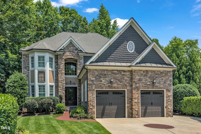 104 Bellagio Dr, Apex, NC 27539 - view of front facade featuring driveway, stone siding, a standing seam roof, and a front yard