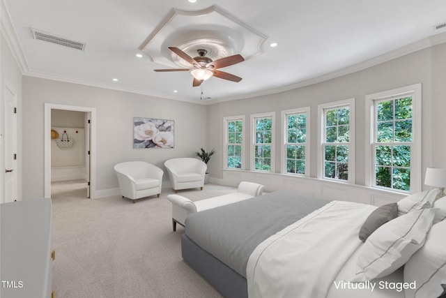104 Bellagio Dr, Apex, NC 27539 - bedroom with recessed lighting, light carpet, ornamental molding, baseboards, and ceiling fan
