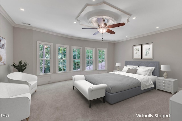 104 Bellagio Dr, Apex, NC 27539 - bedroom with carpet flooring, recessed lighting, crown molding, and ceiling fan