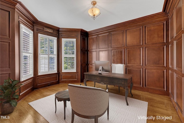 104 Bellagio Dr, Apex, NC 27539 - office space with a decorative wall, light wood-type flooring, and crown molding
