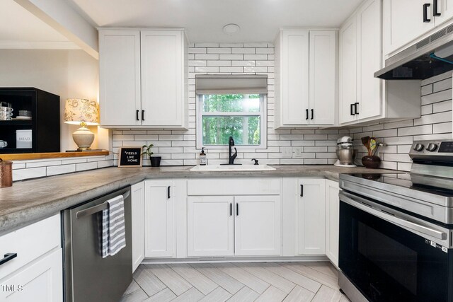2968 Tram Rd, Fuquay Varina, NC 27526 - kitchen featuring appliances with stainless steel finishes, a sink, under cabinet range hood, and white cabinets