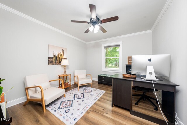 2968 Tram Rd, Fuquay Varina, NC 27526 - office with wood finished floors, ornamental molding, a ceiling fan, and baseboards