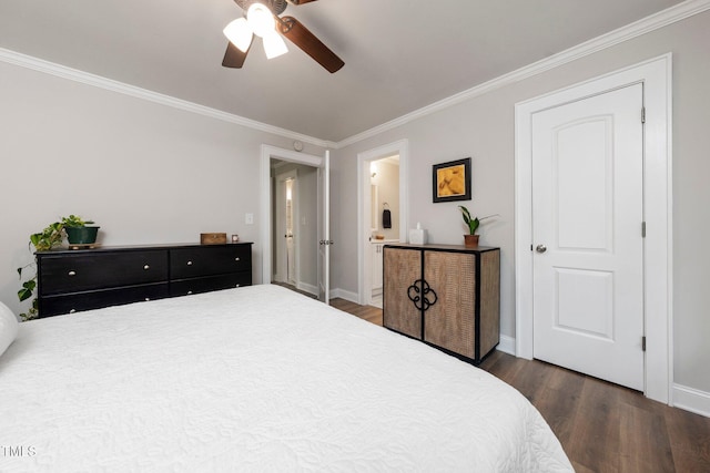 2968 Tram Rd, Fuquay Varina, NC 27526 - bedroom featuring dark wood finished floors, ornamental molding, baseboards, ensuite bathroom, and ceiling fan