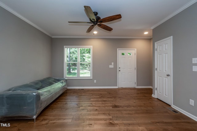 1006 Oxford Ridge Rd, Wake Forest, NC 27587 - foyer with ornamental molding, wood finished floors, a ceiling fan, baseboards, and recessed lighting
