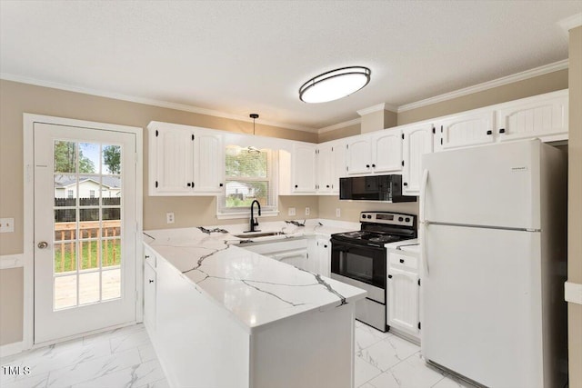 71 E Boxley Dr, Wendell, NC 27591 - kitchen featuring freestanding refrigerator, stainless steel electric range, black microwave, a sink, and light marble finish flooring