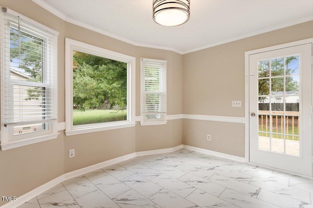 71 E Boxley Dr, Wendell, NC 27591 - empty room with light marble finish flooring, plenty of natural light, baseboards, and ornamental molding