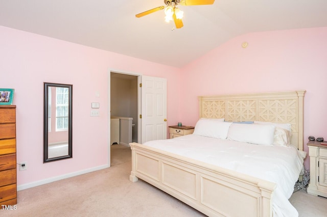 610 Walnut Woods Dr, Morrisville, NC 27560 - bedroom featuring lofted ceiling, light carpet, a ceiling fan, and baseboards